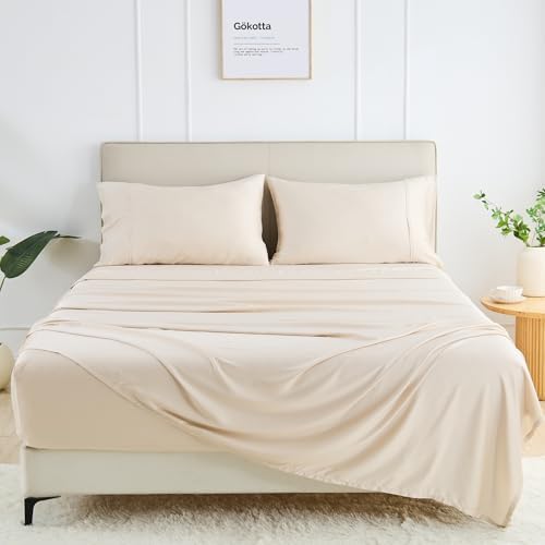 GOKOTTA King Size Sheets Set 4 Pcs,100% Rayon Derived from Bamboo,Cooling Sheets King Size for Hot Sleepers,16 Inch Deep Pocket King Sheets with Elastic Corner Straps, Silky Soft & Breathable - Beige
