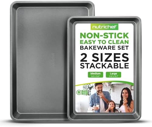 NutriChef 2-Piece Nonstick Cookie Sheet Baking Pan Set - Premium Bake Trays w/ Sleek Non-Stick Coating PFOA, PFOS, & PTFE Free - Large (15"x11") & Medium (13"x9") - Dishwasher Safe