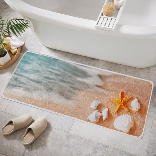 Beach Starfish Bathroom Runner Rug 16"x47" Sea Shell Ocean Long Non Slip Bath Mat for Bathroom Soft Plush Fluffy Washable Bath Rugs Blue Decor (Beach)