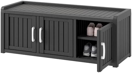 KAMABOKO Outdoor Shoe Storage Cabinet Waterproof UV-Resistant, Entryway Storage Bench Indoor Outdoor with 3 Barn Doors, Adjustable Shelves for Entryway, Bedroom, Hallway,Living Room(Black)