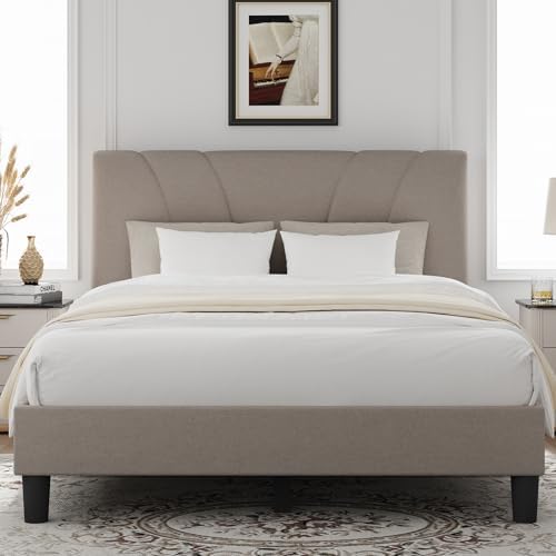 Novilla Queen Bed Frame with Headboard, Bed Frame Queen Size with Wood Slats Support,Linen Upholstered Adjustable Headboard, No Box Spring Needed, Heavy Duty Feet, Easy Assembly, Beige
