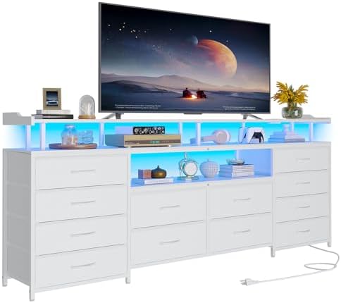 TV Stand Dresser for 65 Inch TV, 63" W Dresser with LED Lights & Charging Station, White Long Dresser with 12 Fabric Drawers, Entertainment Center with Shelves,for Living Room