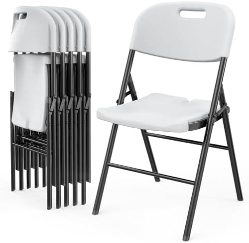 VINGLI Folding Chairs, Heavy Duty Foldable Chair Portable HDPE Plastic Seat with Steel Frame for Indoor Outdoor Dinning Party Wedding School Use, White, 6 Pack