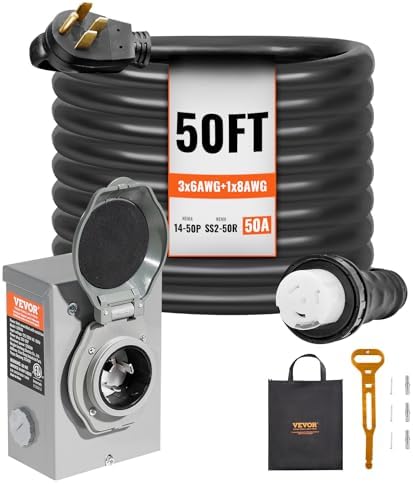 VEVOR 50 Amp Generator Cord and Power Inlet Box Kit, 50FT Generator Extension Cord NEMA 14-50P/SS2-50R STW 6/3+8/1 AWG with Twist Lock Connector, Pre-Drilled Inlet Box, ETL Listed