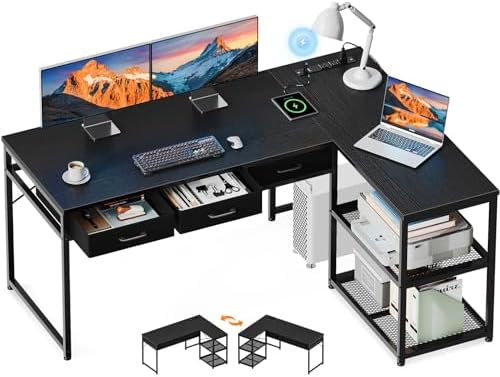 AODK 53 Inch L Shaped Computer Desk with Drawers, Corner Desk with Power Outlets & Reversible Storage Shelves, Movable CPU Stand for Home Office Gaming, Black