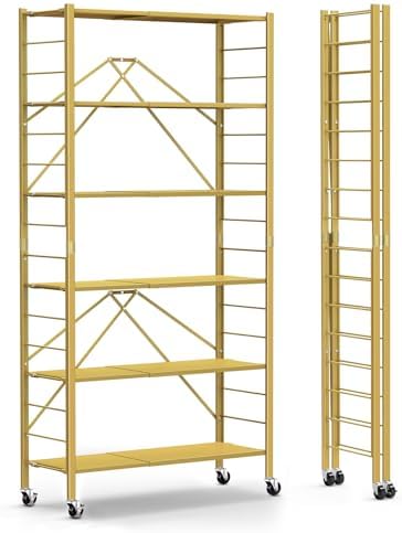 Himix 6 Tier Foldable Storage Shelves, Expandable Folding Bookshelf with Wheels, Changeable into 2 Shelf Units, Collapsible Adjustable Storage Rack Metal Shelves for Garage Kitchen, Basement, Gold
