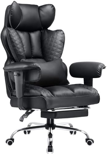 COMHOMA Big and Tall Office Chair 400LBS Wide Ergonomic Gaming Chair with Deluxe Embossing Designed Leather with Foot Rest,150°Reclining Adjustable Armrests Pocket Spring Back Support and Pillow
