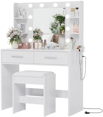 YESHOMY Vanity Desk with Mirror, Makeup Table with 2 Large Drawers, Power Outlet and Round Holder, 3 Color Modes Adjustable Bulb, Bench Included, White