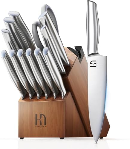 Kitchen Knife Set 14 Piece Premium Japanese High Carbon Stainless Steel Knife Block Sets with Built-in Sharpener, Razor Sharp Knives Set for Kitchen, Quality Acacia Wood Block Knife Set