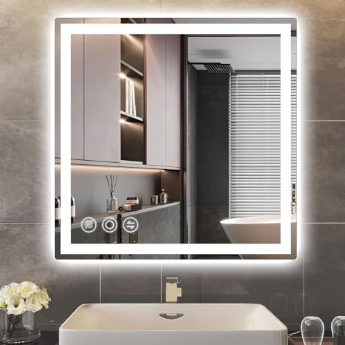 LED Bathroom Mirror 24"x 24" with Frontlit and Backlit, Anti-Fog Bathroom Vanity Mirror, Stepless 3 Colors Temperature & Dimmable Bathroom Mirror, Memory Tempered Glass Mirror for Bathroom