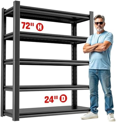 5 Shelf Heavy Duty Garage Shelving – Durable Metal Storage Shelf Organizer for Garage, Workshop, or Utility Rooms, Heavy Duty Shelving Rack for Maximum Strength 24" D x48 W x72 H