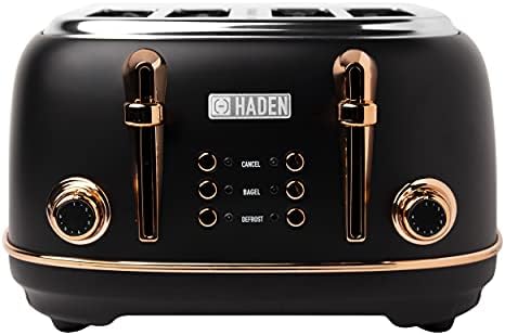 HADEN Heritage 4-Slice Toaster with Extra Wide Slots, 1500-Watt, Black & Copper - Retro Stainless Steel Design with Self-Centering Function, Adjustable Browning Control & Removable Crumb Tray
