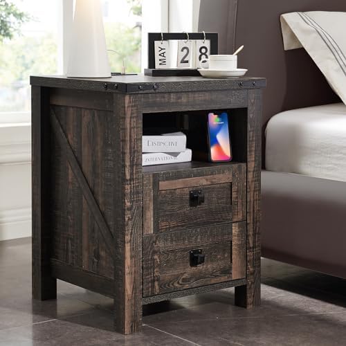 T4TREAM Nightstand with Charging Station, End Table, Side Table with 2 Drawers Storage Cabinet for Bedroom, Living Room, Farmhouse Design, Wood Rustic, Dark Rustic Oak
