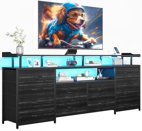 BTHFST 12 Drawers TV Stand Dresser for 65/70 inch TV, Entertainment Center with LED Lights & Power Outlets, 63" Large LED TV Stand, TV Console for Bedroom
