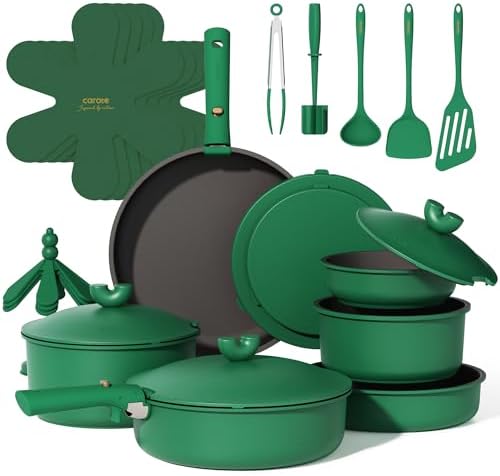 CAROTE 27pcs Pots and Pans Set Non Stick, Gift Set Nonstick Cookware Die-cast Aluminum Detachable Handle, Dishwasher/Oven Safe, Induction Cooking Pot and Pan Sets, Green, RV Kitchen Cookwares
