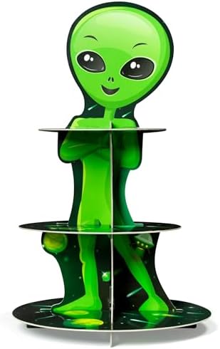 ANGOLIO Green Space Alien Cupcake Stand -3 Tiers Outer Space Birthday Party Decorations Cardboard Cupcake Holder Galaxy Party Dessert Tower Party Accessories Supplies for Kids Alien Themed Baby Shower