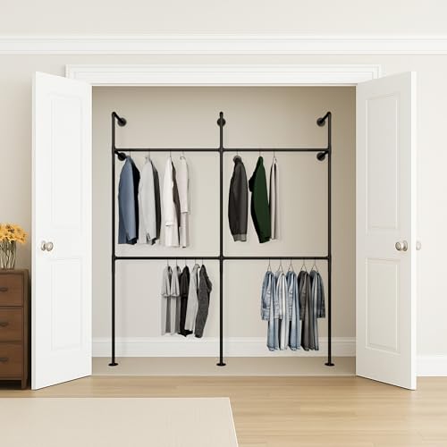 pamo Industrial Pipe Clothing Rack – Wall Mounted Black Closet System in Powder-Coated Steel – 79.13" W × 87.4" H – Easy Setup – Ideal for Walk-In Closets & Retail Use