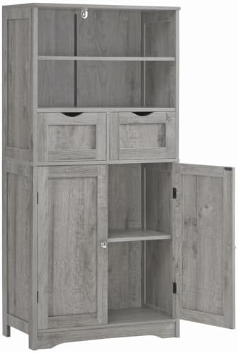 Iwell Tall Storage Cabinet with 2 Drawers & Adjustable Shelf, Bathroom Cabinet with Doors, Cupboard, Kitchen Cabinets for Living Room, Dining Room, Entryway, Grey