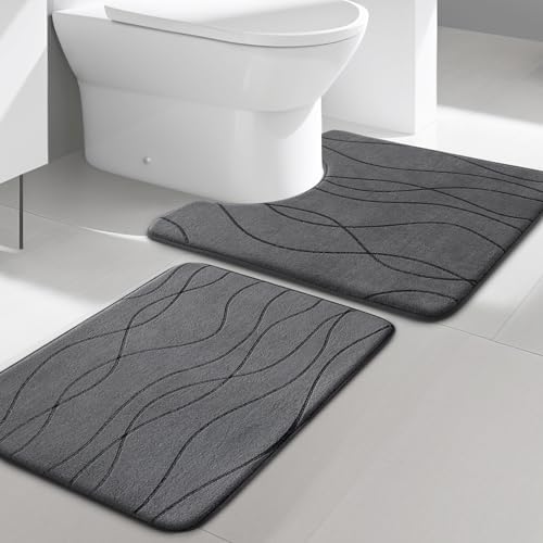 YIHOUSE Memory Foam Grey Bathroom Rug Sets 2 Piece, Ultra Absorbent Bath Mat for Bathroom - Non-Slip Machine Washable & Dry Quickly, 2 Piece Bathroom Mat Set, Dark Grey