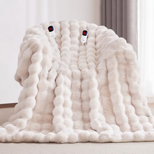 Heated Blanket King Size with 1/2/4/6/8 Hours Auto-Off 10 Heat Level, 90'' * 100'' Cozy Faux Rabbit Fur Bubble Electric Blanket with Overheat Protection(White)