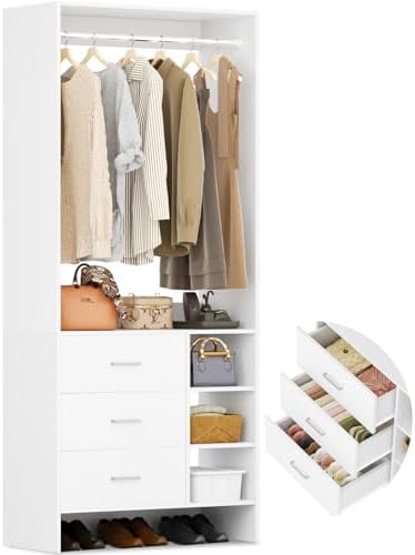 Aheaplus 2.5FT Closet System with 3 Drawers, 29.5’’ Closet Organizer, Wood Closet Organizer System, Walk-in Closet or Small Closets Wardrobe, Clothes Rack with Hanging Rods,-E6, White