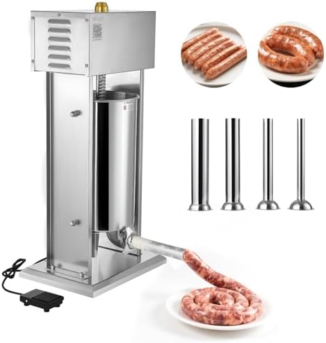VEVOR Electric Sausage Stuffer, 33 LBS / 15 L Vertical Meat Stuffer, Stepless Speed Control and Foot Pedal, Stainless Steel Heavy Duty Sausage Filler with 4 Stuffing Tubes, for Commercial & Home Use