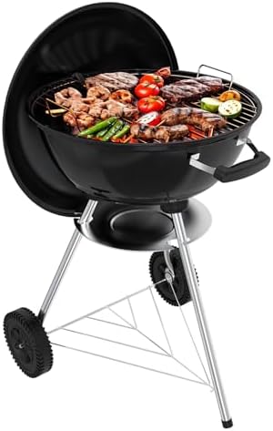 18 inch Charcoal Grill, Portable Kettle Barbecue Grills,Durable & Easy to Assemble, Round Smoker/BBQ Grill with Wheels for Backyard, Camping, Patio and Beach, Black