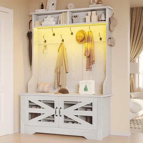 Itaar Hall Tree with Bench and Shoe Storage, 5-in-1 Entryway Bench with Coat Rack, 10 Shoe Cubbies & 9 Coat Hooks, Barn Door & Adjustable Shelf (Embossed White)