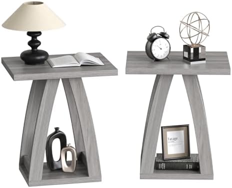 End Tables Living Room, Side Table Beside Sofa, Nightstand for Bedroom, Couch Side Table with Shelf, Modern End Table for Living Room, Grey End Table Set of 2