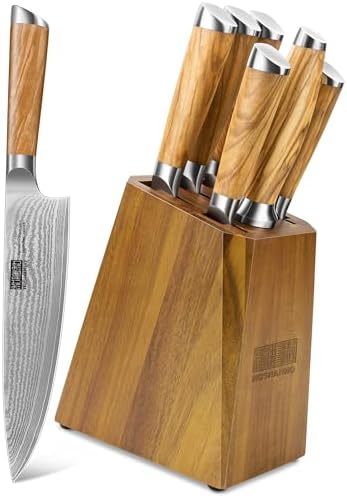 HOSHANHO Knife Set with Block 7-Piece, Professional 67-layer Damascus Super Steel Kitchen Knife Sets for Cooking, Ultra Sharp Knife Set with Sharpener