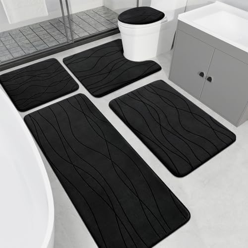 YIHOUSE Memory Foam Black Bathroom Rug Sets 5 Piece, Ultra Absorbent Bath Mat for Bathroom - Non-Slip Machine Washable & Dry Quickly, 5 Piece Bathroom Mat Set, Black