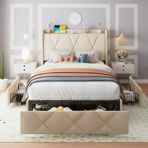 Feonase Twin Bed Frame with 3 Storage Drawers, Upholstered Platform Bed with Fast Charging Station, Wingback Storage Headboard, Wooden Slats Support, No Box Spring Needed, Easy-Assembly, Beige