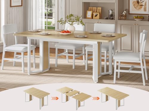 Itaar 5-Piece Dining Table Set for 4-6 People, 63" Extendable Kitchen Table and 4 Cushion Chairs, Dining Room Table with MDF Board & Metal Frame for Small Space, Easy Clean, Natural