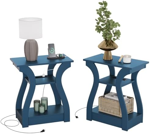 End Table with Charging Station, Side Table with USB Ports and Outlets, Nightstand, 3 Tier End Table with Storage Shelf for Living Room, Bedroom, Navy Blue, Set of 2