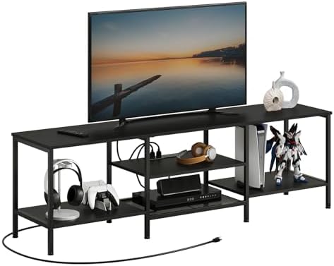 HOOBRO TV Stand with Power Outlets to 75 Inches, TV Console Table with Open Storage Shelves Cabinet, Industrial Media Entertainment Center for Living Room Bedroom, Black BB60DS01