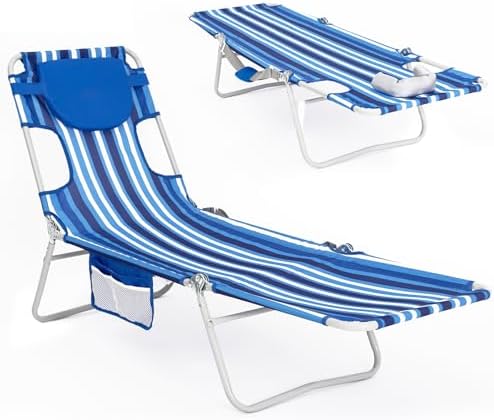#WEJOY Folding Tanning Chair with Face Hole, 5 Positions Face Down Beach Lounge Chairs with Pillow for Outside Sunbathing Poolside (Blue/White)