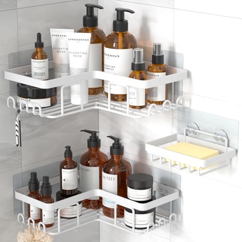 YASONIC Corner Adhesive Shower Caddy, with Soap Holder and 12 Hooks, Rustproof Stainless Steel Bathroom Organizer, No Drilling Wall Mounted Rack, White, 3-Pack