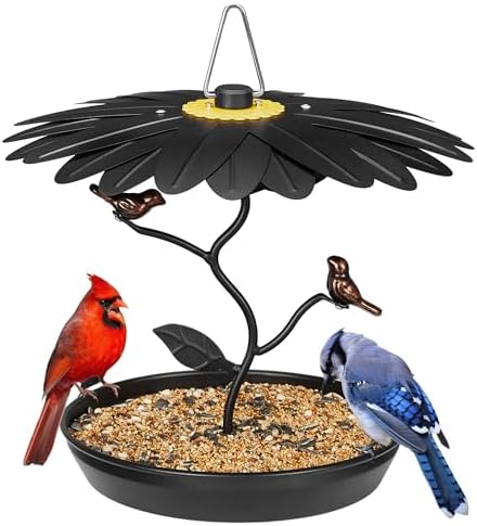 Kingsyard Platform Bird Mealworm Feeder for Outdoor Hanging - Decorative Metal Wild Bird Feeding Tray with Sunflower Dome to Attract Cardinal Bluebird & Finch Black