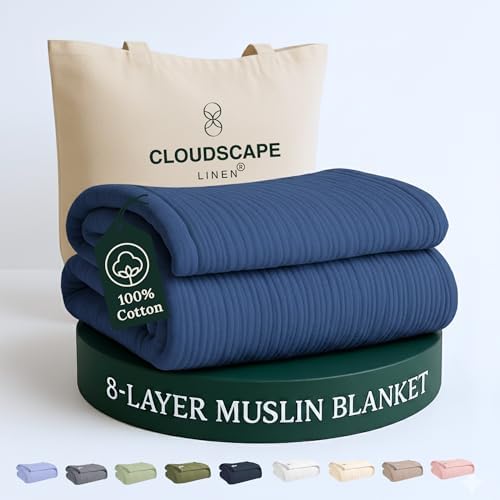 Cloud Scape Linen 100% 8 Layer Cotton Muslin Blanket King Size for Adult, Lightweight & Breathable, All Season Oversized Blanket for Bed, fits California King, 92x108, Ensign Blue