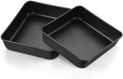E-far 9 Inch Square Cake Pan Set of 2, Nonstick 9x9 Baking Pan with Stainless Steel Core, Black Metal Bakeware for Brownies Lasagna Cakes, Non-toxic & Easy Clean, 2 Inch Deep