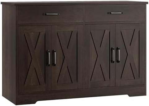 HOSTACK Buffet Cabinet with Storage, 47.2" Kitchen Sideboard Buffet with Drawers, Modern Farmhouse Coffee Bar Station with Shelves, Barn Doors Storage Cabinet for Living Room, Dark Brown