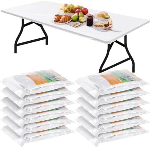 Boao 12 Pcs Plastic Table Cloths Disposable for Parties Picnic Table Covers with Elastic Fitted Elastic Desk Cover Rectangle Waterproof for Indoor, Outdoor, Picnic, Camping(8 Ft, 96 x 30 Inch,White)