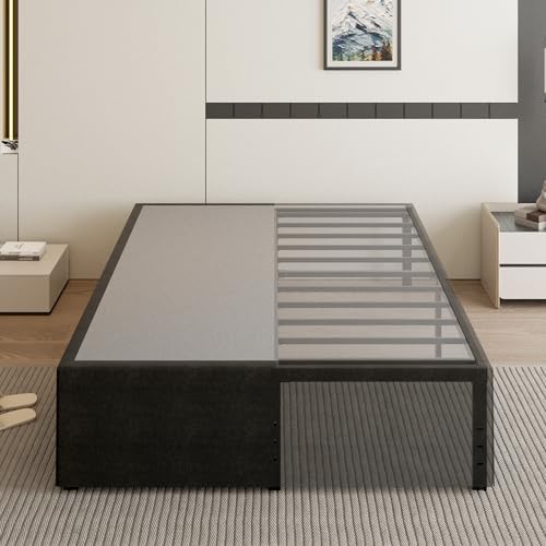 18 Inch California King Bed Frame with Black Bed Cover, Metal Cal King Bed Frame No Box Spring Needed, Heavy Duty Mattress Foundation, Easy Assembly, Noise Free