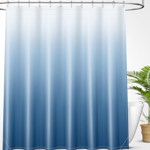 OLANLY Luxury Blue and White Ombre Shower Curtain Sets with 12 Hooks, Waterproof and Washable Decorative Shower Curtains for Bathroom, 72x72 Inches