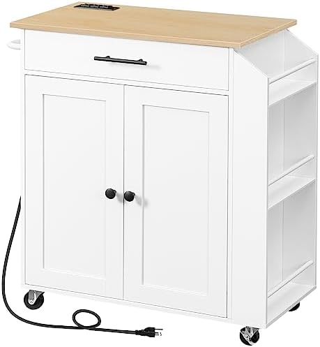 HOOBRO Kitchen Island with Power Outlet, Kitchen Storage Island with Spice Rack and Drawer, Rolling Kitchen on Wheels, for Home, Dining Room, Natural and White
