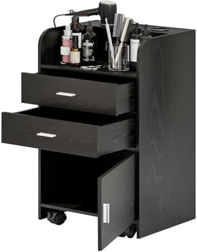 Salon Station for Hair Stylist, Black Salon Station Storage Cabinet with Wheels, Salon Table with 2 Drawers, Stylist Storage Cabinet, Rolling Beauty Station with 2 Hair Dryer Holders