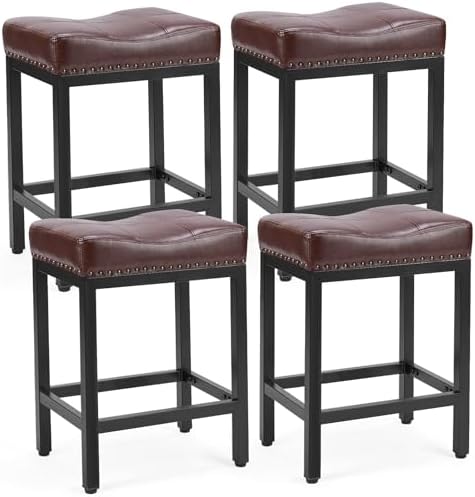 DUMOS Saddle Bar Stools Set of 4, 24 Inch Counter Height Stools with Curved PU Leather Surface, 3.7" Thick Upholstery Bar Height Stools with Footrest for Kitchen Island, Dining, Cafe, Brown