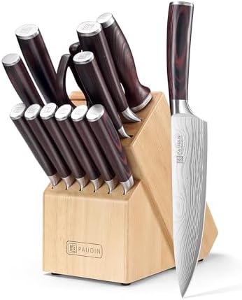 PAUDIN Kitchen Knife Set with Block, 14 Pieces Knife Sets for Kitchen with Block, High Carbon German Stainless Steel Sharp Chef Knife Set with Ergonomic Pakkawood Handle