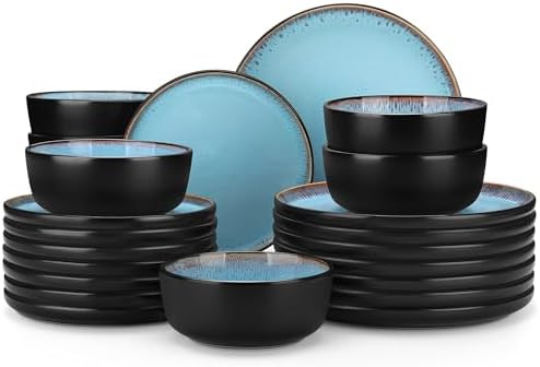 vancasso Plates and Bowls Sets, 24 Pieces Stoneware Dinnerware Sets for 8, Kitchen Dish Set Mircowave and Dishwasher Safe Dinner Set Ceramic Dishware, Sky Blue, Series AMBER