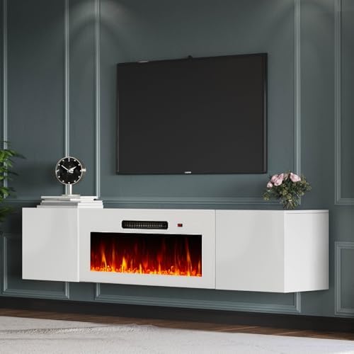 AMERLIFE Floating TV Stand with 36" Electric Fireplace, High Gloss Finish Wall Mounted Fireplace Entertainment Center with Storage for TVs Up to 78", All White